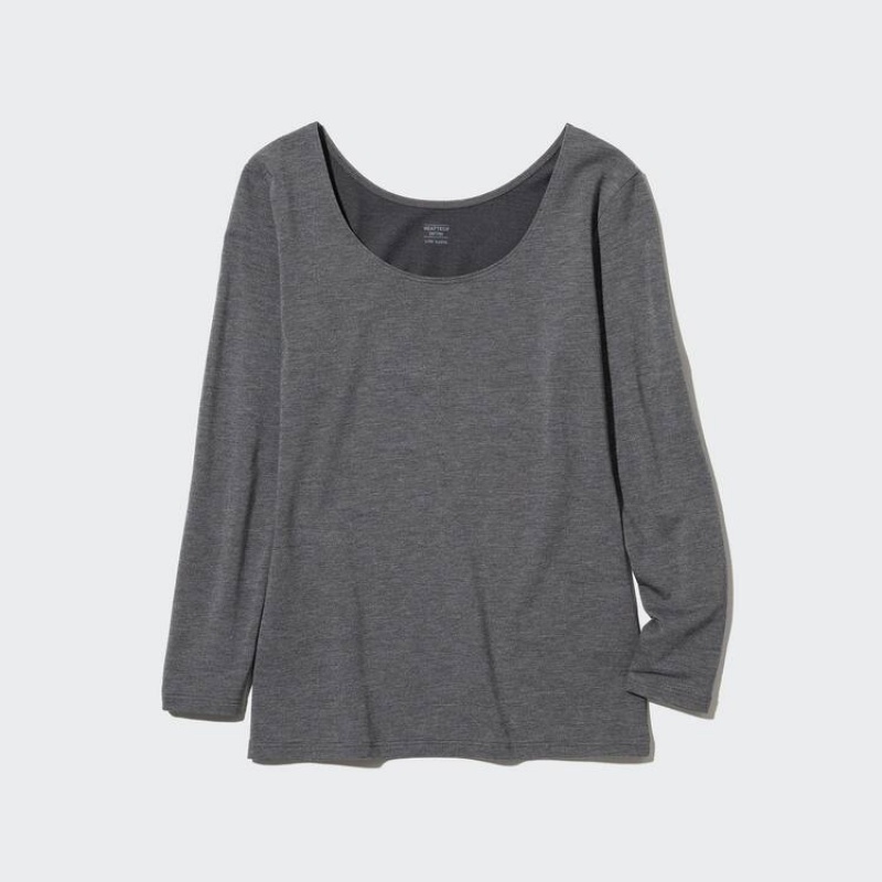 Uniqlo Heattech Extra Warm Cotton Scoop Neck Long Sleeved Thermal Women's Tops Dark Grey | AEQWXZ618