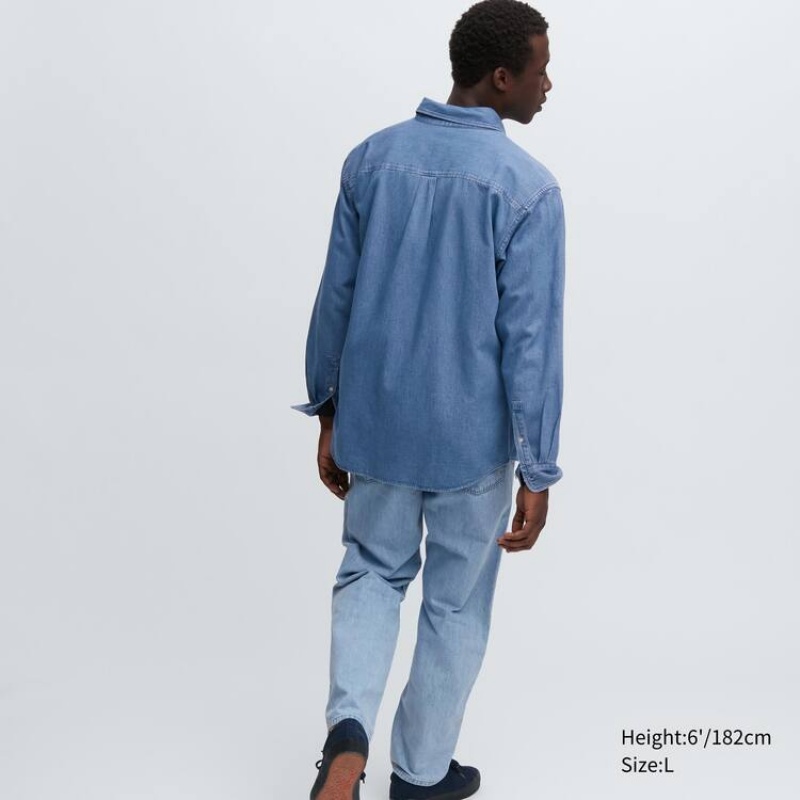 Uniqlo Indigo Denim Regular Fit (Regular Collar) Men's Shirts Blue | HUATID046