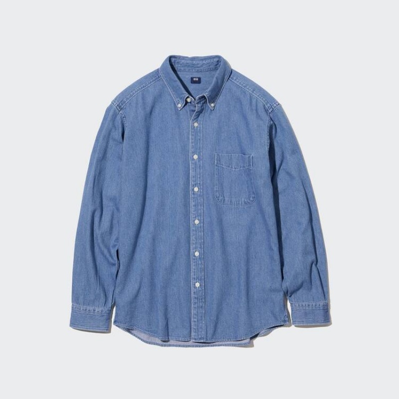 Uniqlo Indigo Denim Regular Fit (Regular Collar) Men's Shirts Blue | HUATID046