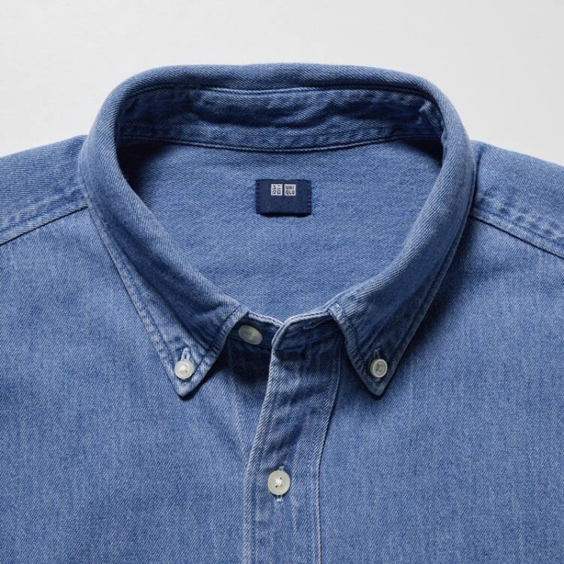 Uniqlo Indigo Denim Regular Fit (Regular Collar) Men's Shirts Blue | HUATID046