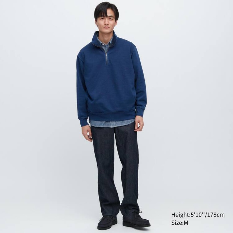 Uniqlo Indigo Sweat Half-zipped Pullover Men's Sweatshirts Blue | RJFVGD437