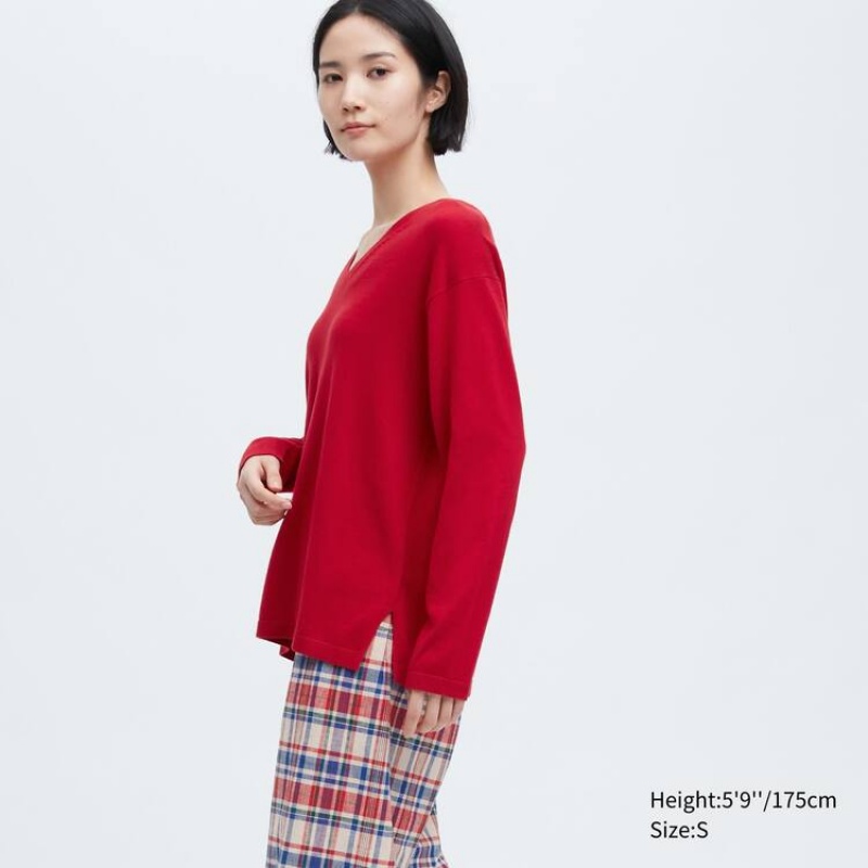 Uniqlo Ines De La Fressange Cotton Cashmere Blend Oversized V Neck Women's Knitwear Red | DQMVHP205