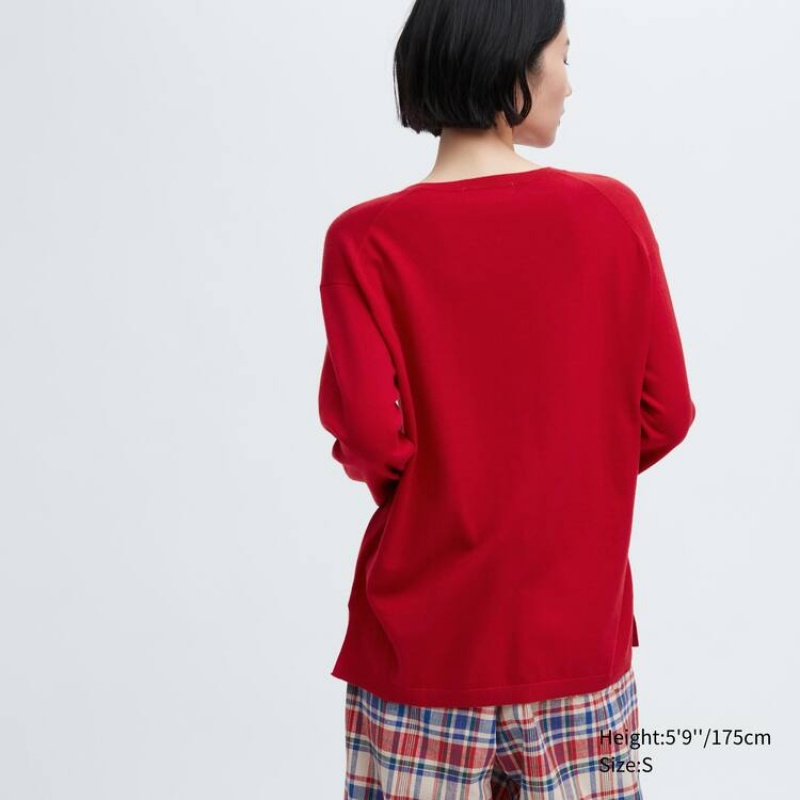 Uniqlo Ines De La Fressange Cotton Cashmere Blend Oversized V Neck Women's Knitwear Red | DQMVHP205