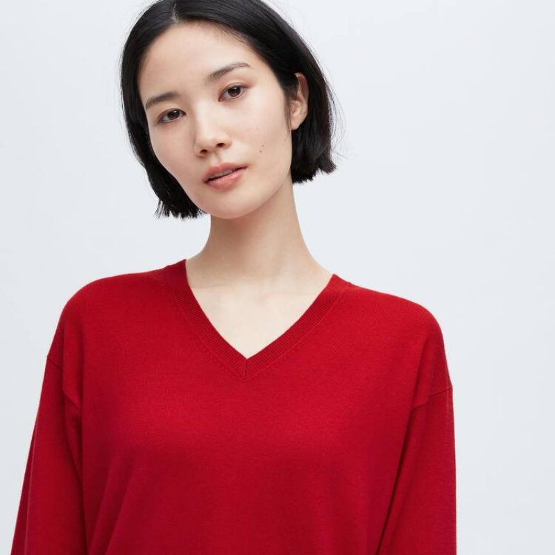 Uniqlo Ines De La Fressange Cotton Cashmere Blend Oversized V Neck Women's Knitwear Red | DQMVHP205