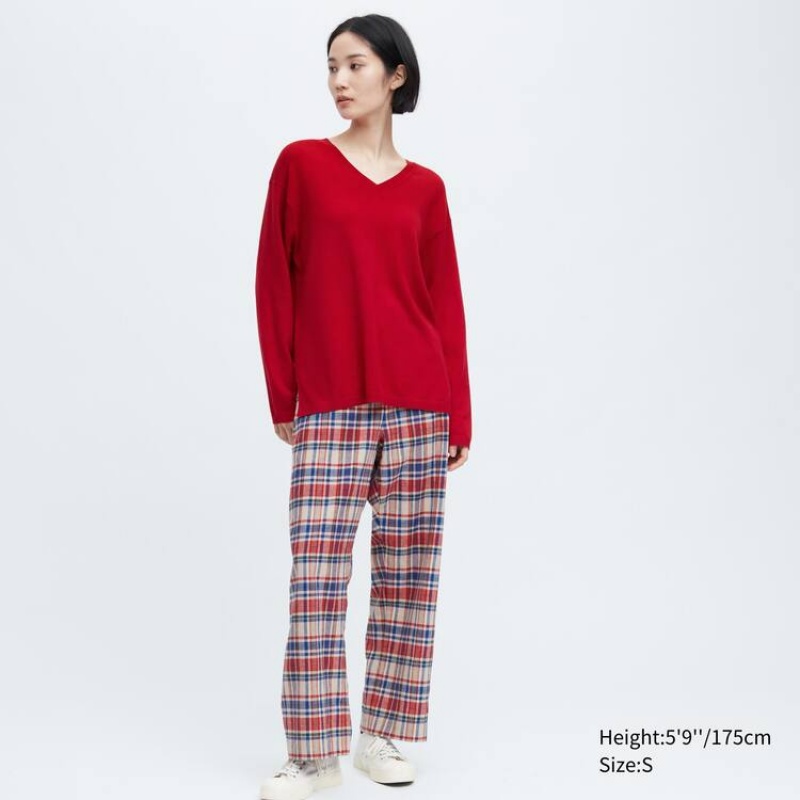 Uniqlo Ines De La Fressange Cotton Cashmere Blend Oversized V Neck Women\'s Knitwear Red | DQMVHP205