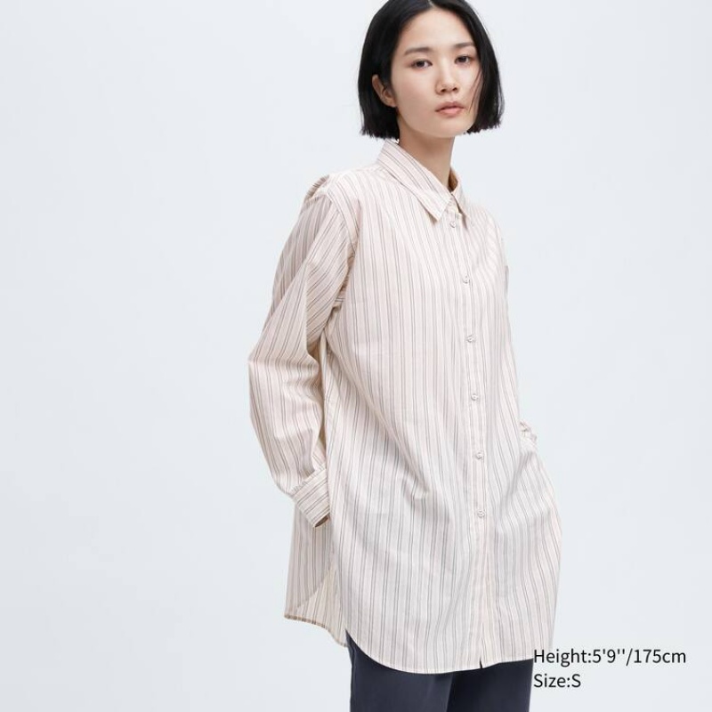 Uniqlo Ines De La Fressange Cotton Silk Blend Oversized Long Sleeved Women's Shirts Beige | YASEBI297