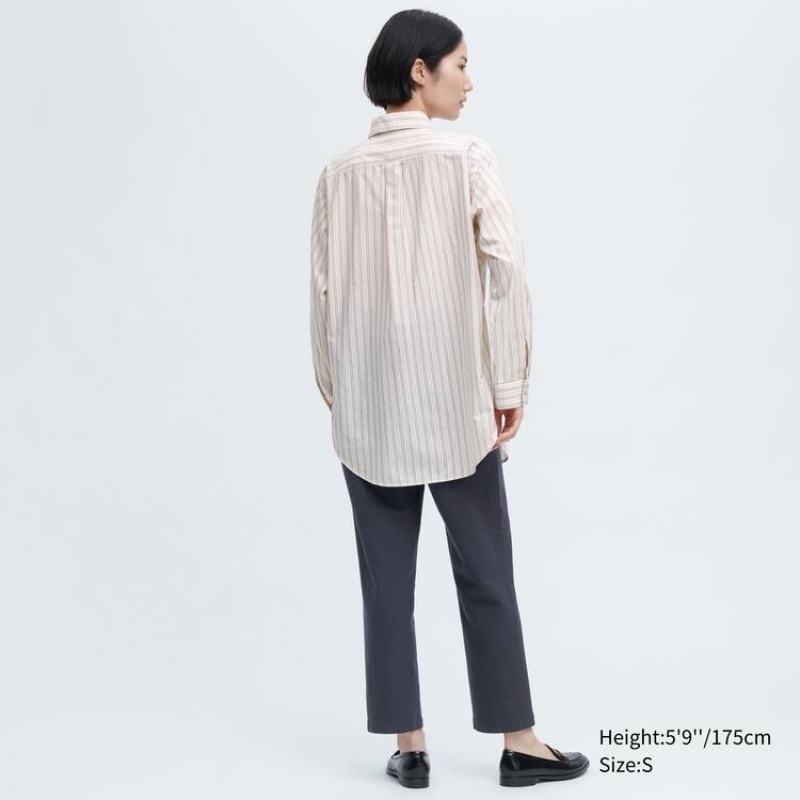 Uniqlo Ines De La Fressange Cotton Silk Blend Oversized Long Sleeved Women's Shirts Beige | YASEBI297