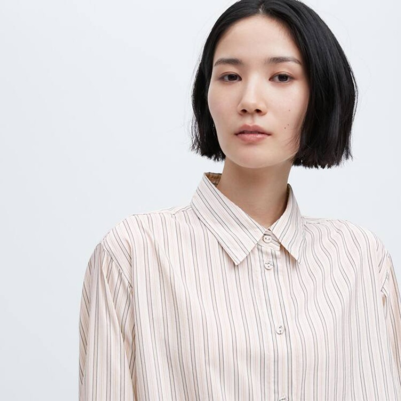 Uniqlo Ines De La Fressange Cotton Silk Blend Oversized Long Sleeved Women's Shirts Beige | YASEBI297