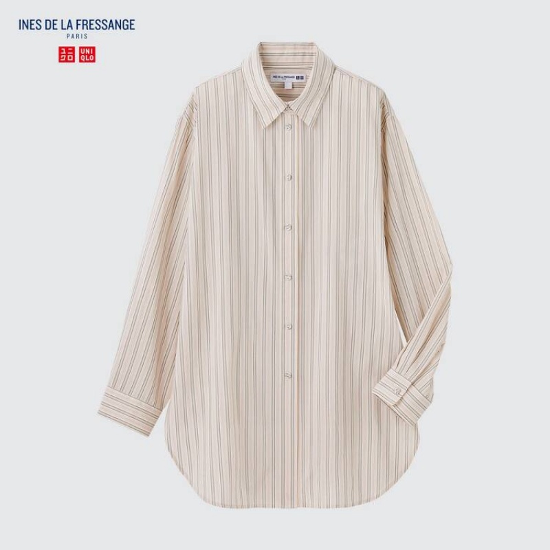 Uniqlo Ines De La Fressange Cotton Silk Blend Oversized Long Sleeved Women's Shirts Beige | YASEBI297