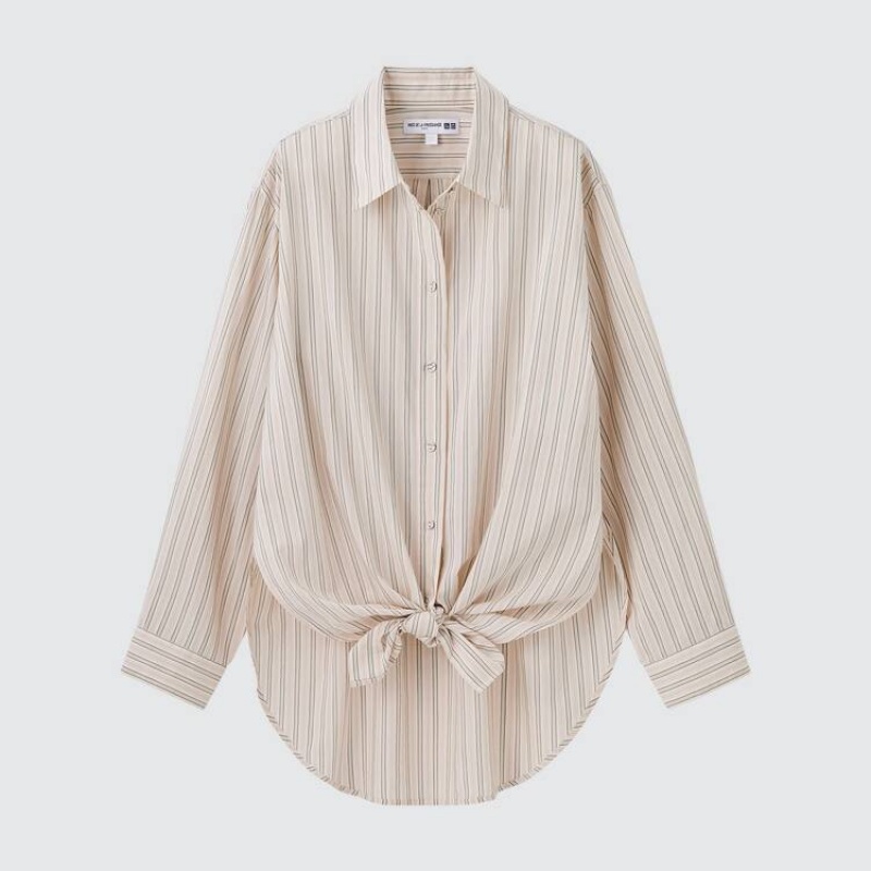 Uniqlo Ines De La Fressange Cotton Silk Blend Oversized Long Sleeved Women's Shirts Beige | YASEBI297