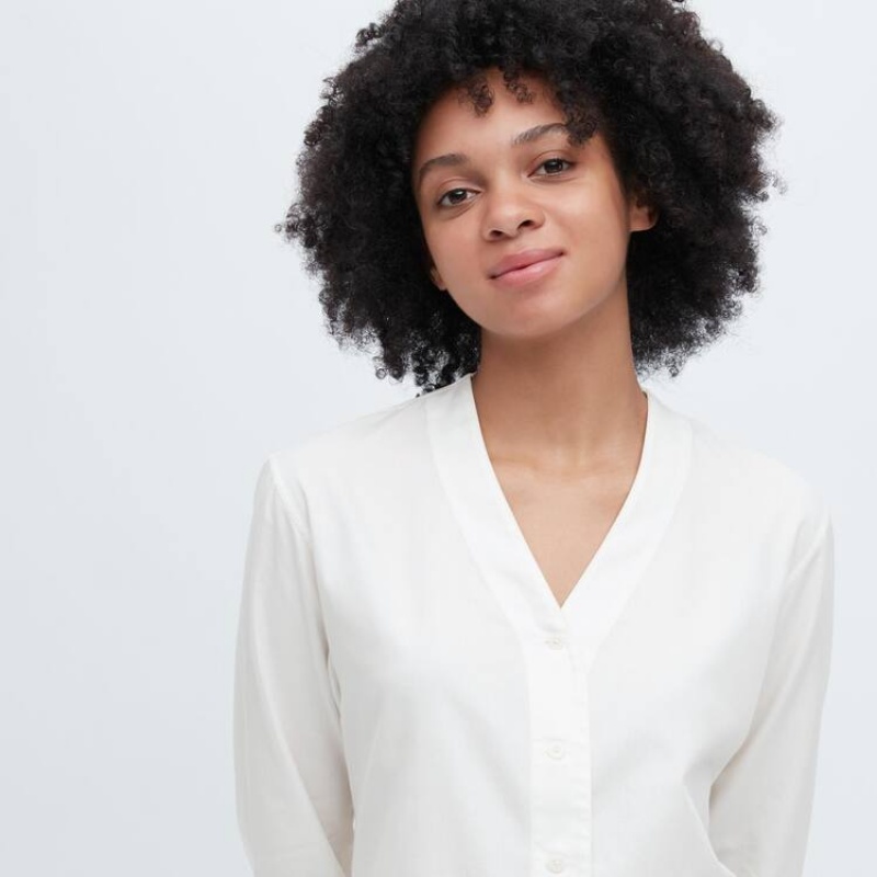 Uniqlo Ines De La Fressange Cotton Twill V Neck 3/4 Sleeved Women's Shirts White | IOQTXP417