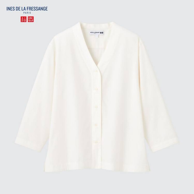 Uniqlo Ines De La Fressange Cotton Twill V Neck 3/4 Sleeved Women's Shirts White | IOQTXP417