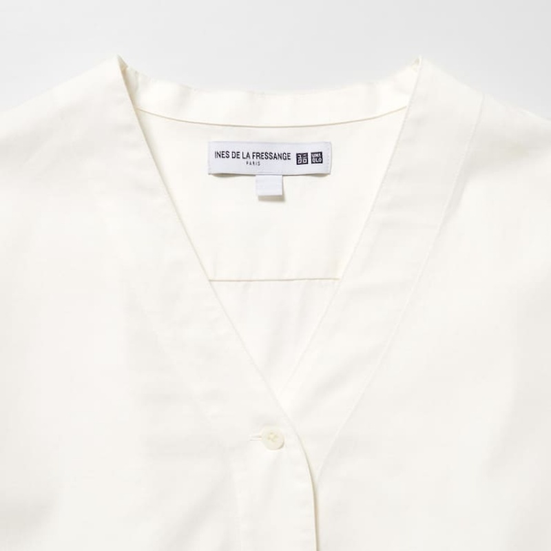 Uniqlo Ines De La Fressange Cotton Twill V Neck 3/4 Sleeved Women's Shirts White | IOQTXP417