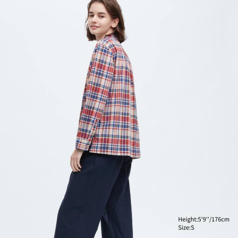 Uniqlo Ines De La Fressange Linen Cotton Blend Pintucked Long Sleeved Women's Shirts Blue / Red | SITAJP845