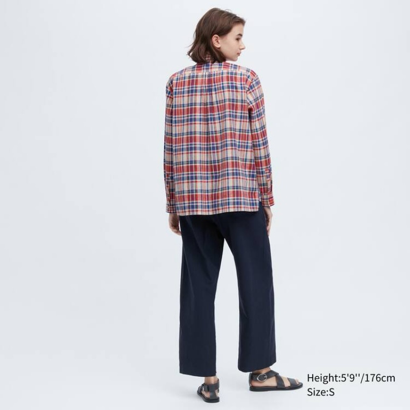 Uniqlo Ines De La Fressange Linen Cotton Blend Pintucked Long Sleeved Women's Shirts Blue / Red | SITAJP845