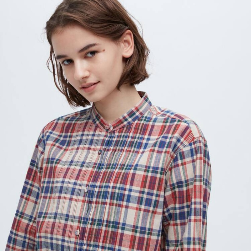 Uniqlo Ines De La Fressange Linen Cotton Blend Pintucked Long Sleeved Women's Shirts Blue / Red | SITAJP845