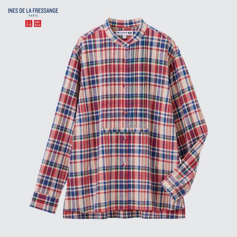 Uniqlo Ines De La Fressange Linen Cotton Blend Pintucked Long Sleeved Women's Shirts Blue / Red | SITAJP845