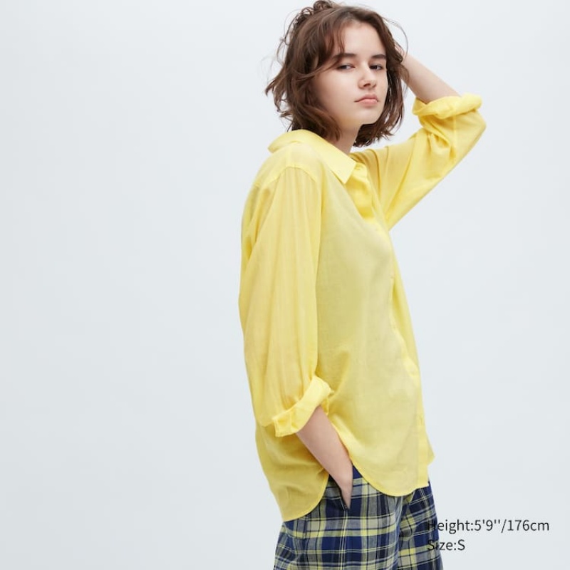 Uniqlo Ines De La Fressange Sheer Cotton Relaxed Fit Long Sleeved Women's Shirts Yellow | OSCNHA580