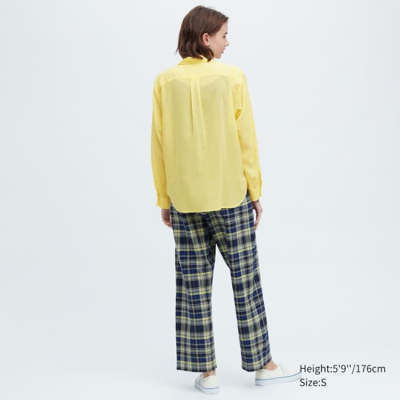 Uniqlo Ines De La Fressange Sheer Cotton Relaxed Fit Long Sleeved Women's Shirts Yellow | OSCNHA580