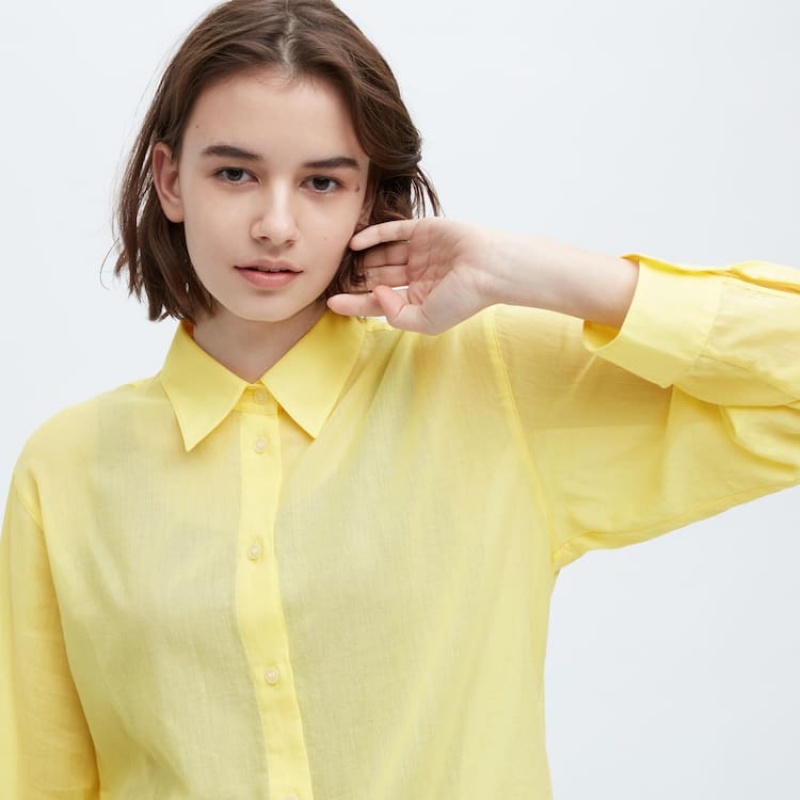 Uniqlo Ines De La Fressange Sheer Cotton Relaxed Fit Long Sleeved Women's Shirts Yellow | OSCNHA580