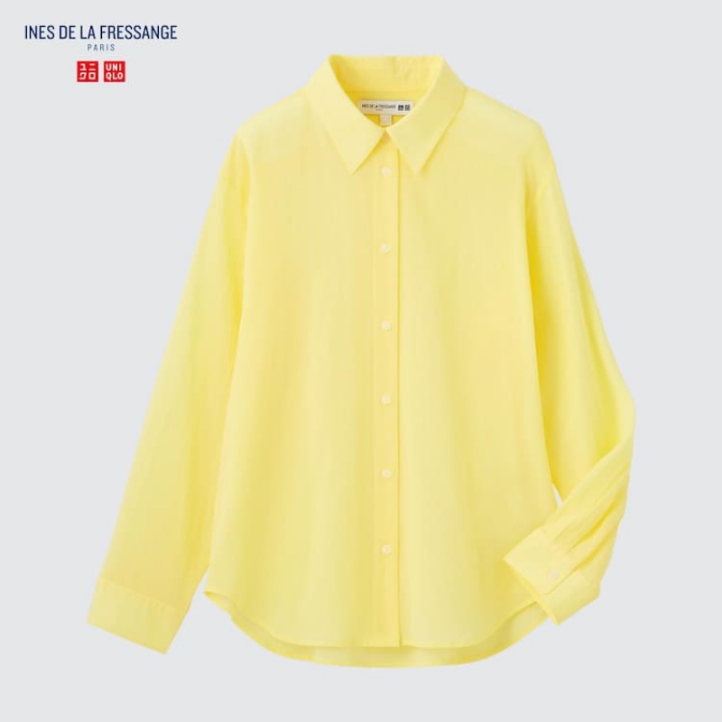 Uniqlo Ines De La Fressange Sheer Cotton Relaxed Fit Long Sleeved Women's Shirts Yellow | OSCNHA580