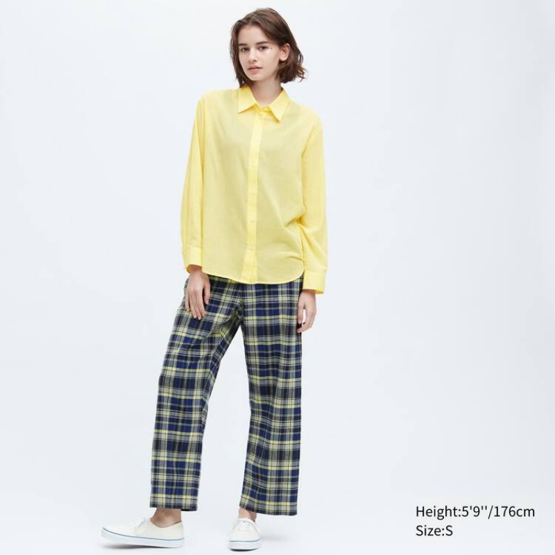 Uniqlo Ines De La Fressange Sheer Cotton Relaxed Fit Long Sleeved Women\'s Shirts Yellow | OSCNHA580