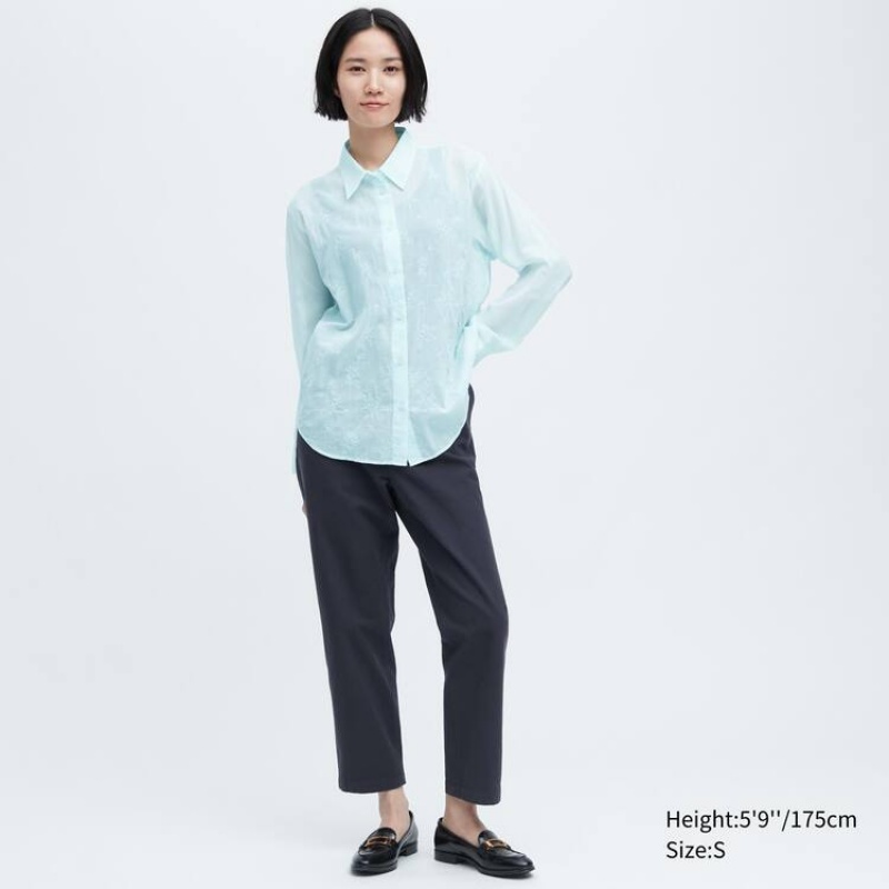 Uniqlo Ines De La Fressange Sheer Embroidered Long Sleeved Women's Shirts Blue | ZTQYCH795