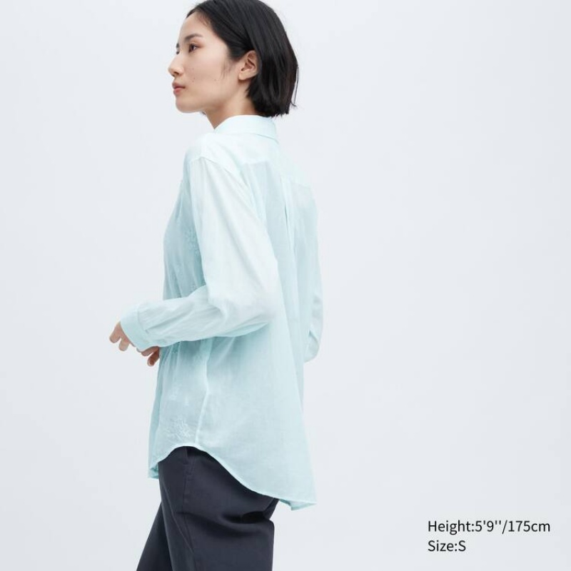 Uniqlo Ines De La Fressange Sheer Embroidered Long Sleeved Women's Shirts Blue | ZTQYCH795