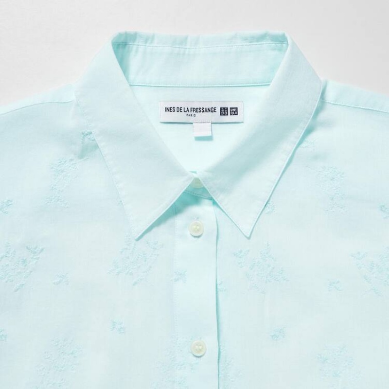 Uniqlo Ines De La Fressange Sheer Embroidered Long Sleeved Women's Shirts Blue | ZTQYCH795