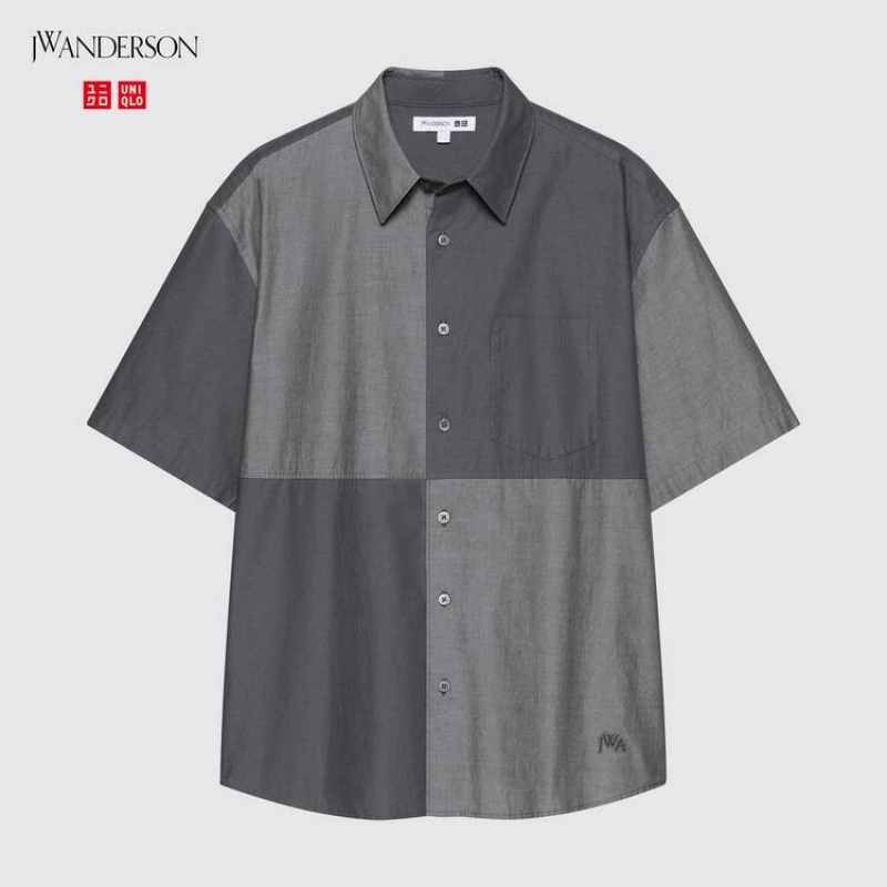 Uniqlo Jw Anderson Casual Chambray Short Sleeved Men's Shirts Grey | TEHXWN380