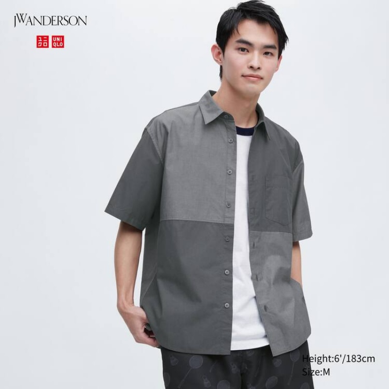 Uniqlo Jw Anderson Casual Chambray Short Sleeved Men\'s Shirts Grey | TEHXWN380