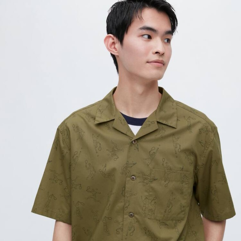 Uniqlo Jw Anderson Casual Printed Short Sleeved (Open Collar) Men's Shirts Olive | WFAZHE947