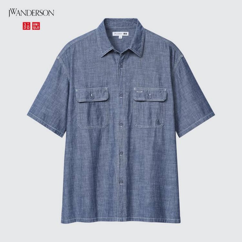 Uniqlo Jw Anderson Chambray Oversized Short Sleeved Men's Shirts Blue | EQYWAN702