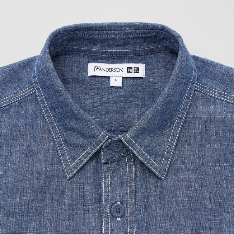 Uniqlo Jw Anderson Chambray Oversized Short Sleeved Men's Shirts Blue | EQYWAN702