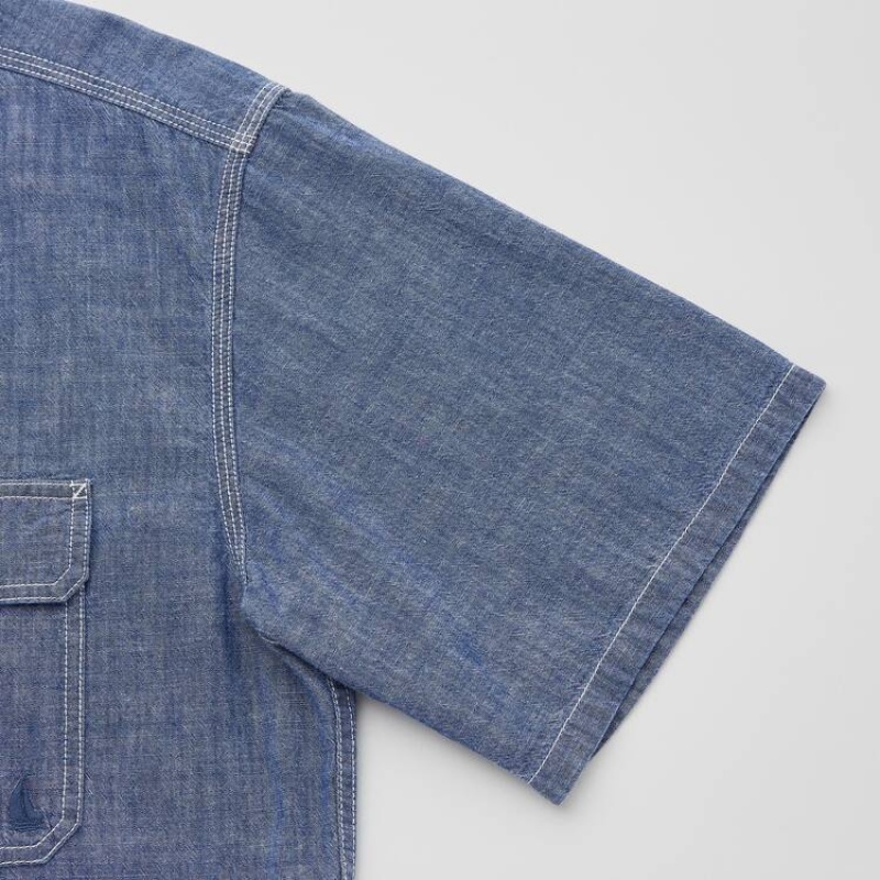 Uniqlo Jw Anderson Chambray Oversized Short Sleeved Men's Shirts Blue | EQYWAN702