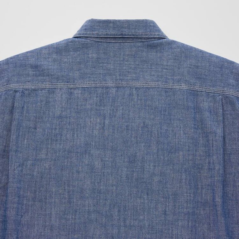 Uniqlo Jw Anderson Chambray Oversized Short Sleeved Men's Shirts Blue | EQYWAN702