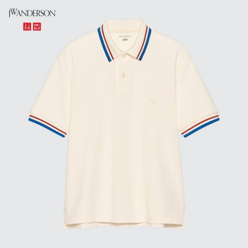 Uniqlo Jw Anderson Dry Piqué Patterned Men's Polo Shirts White | ZDUXPW786