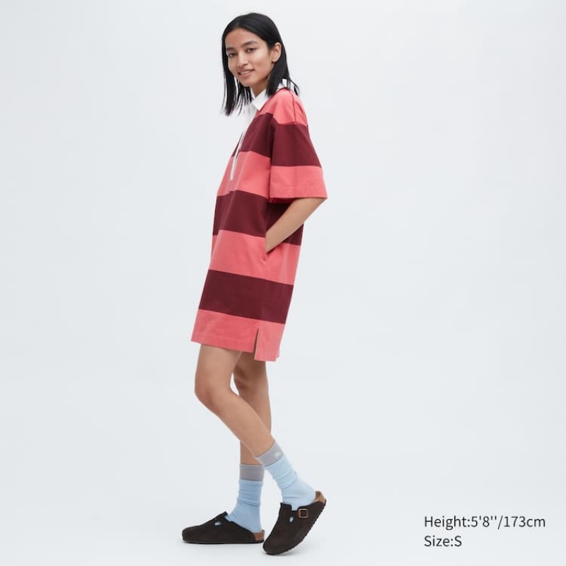 Uniqlo Jw Anderson Striped Polo Short Sleeved Women's Dress Pink | HDXKYM582