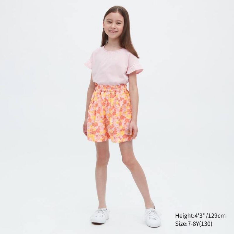 Uniqlo Linen Blend Flower Print Easy Kids' Shorts Pink | GIEHSM936