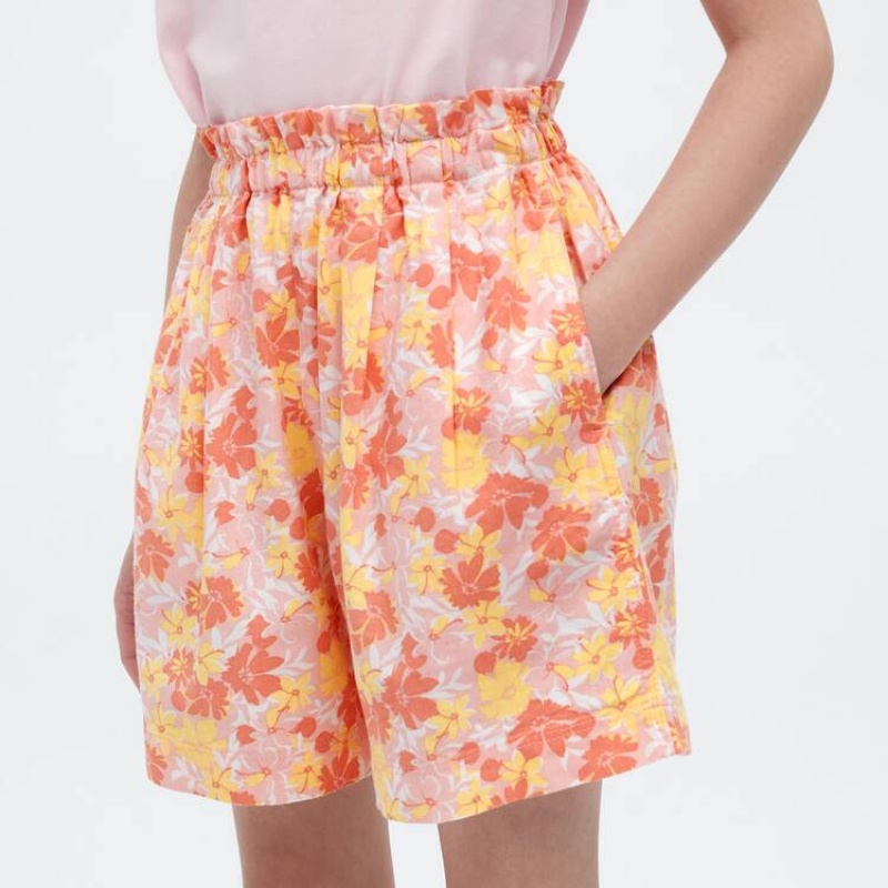 Uniqlo Linen Blend Flower Print Easy Kids' Shorts Pink | GIEHSM936