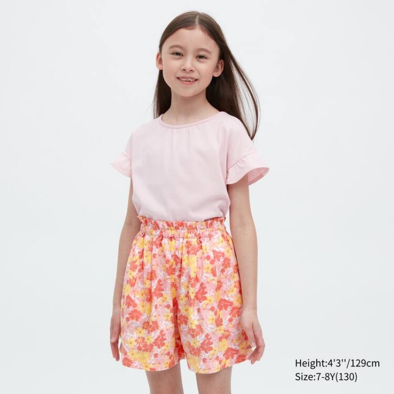 Uniqlo Linen Blend Flower Print Easy Kids\' Shorts Pink | GIEHSM936