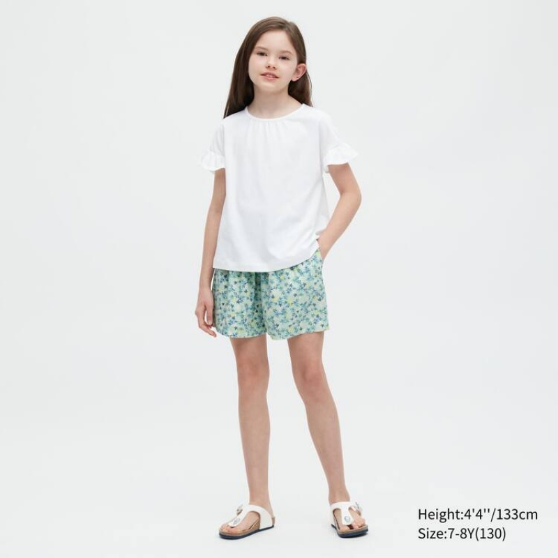 Uniqlo Linen Blend Flower Print Easy Kids' Shorts Green | OZBRUA958