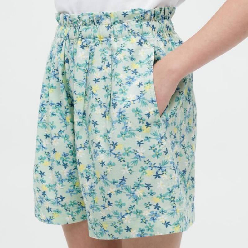 Uniqlo Linen Blend Flower Print Easy Kids' Shorts Green | OZBRUA958