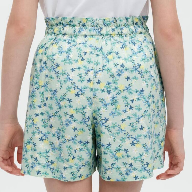 Uniqlo Linen Blend Flower Print Easy Kids' Shorts Green | OZBRUA958