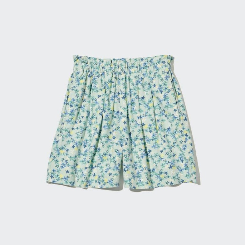 Uniqlo Linen Blend Flower Print Easy Kids' Shorts Green | OZBRUA958