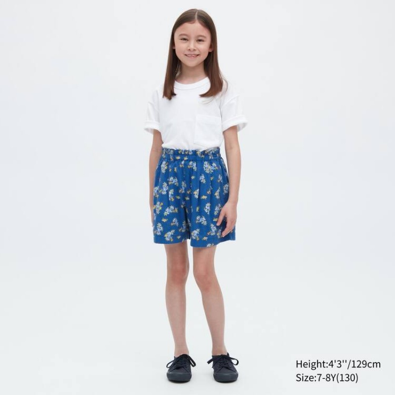 Uniqlo Linen Blend Flower Print Easy Kids' Shorts Blue | WVBUJF720