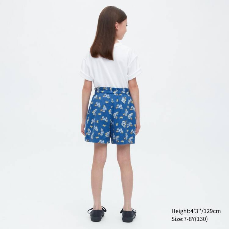 Uniqlo Linen Blend Flower Print Easy Kids' Shorts Blue | WVBUJF720