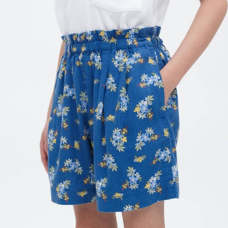 Uniqlo Linen Blend Flower Print Easy Kids' Shorts Blue | WVBUJF720