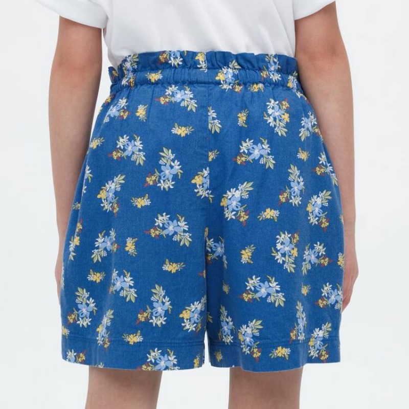 Uniqlo Linen Blend Flower Print Easy Kids' Shorts Blue | WVBUJF720