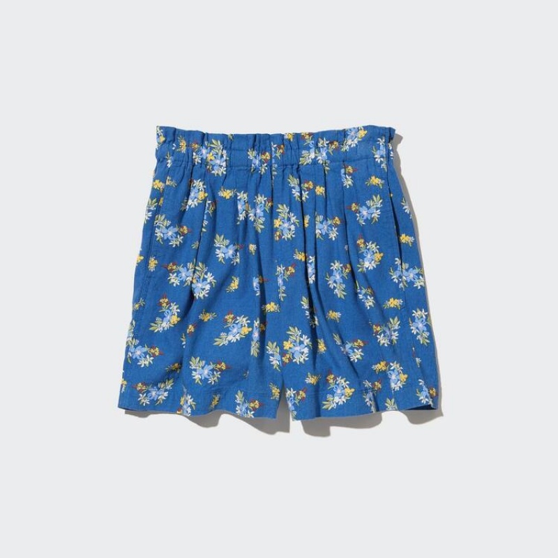 Uniqlo Linen Blend Flower Print Easy Kids' Shorts Blue | WVBUJF720